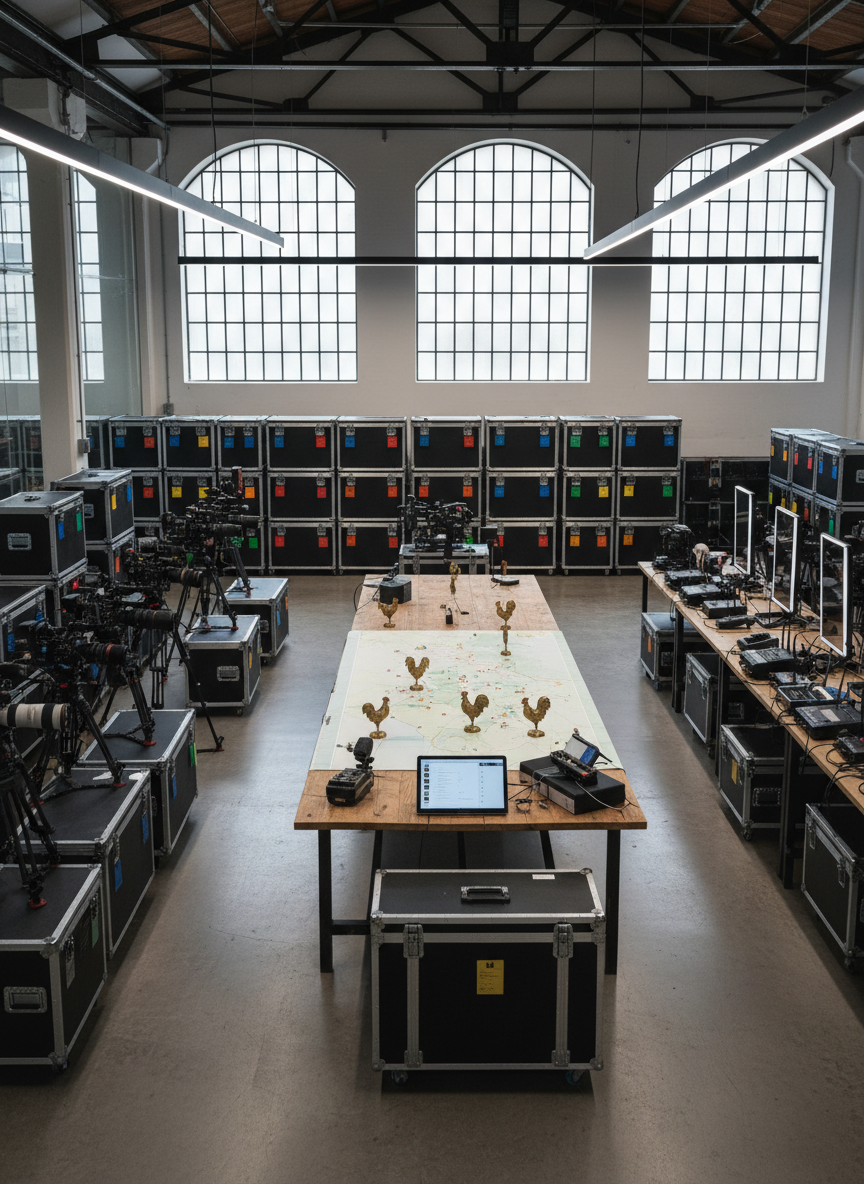An expansive production workspace in a modern Barcelona warehouse, filled with pristine audiovisual equipment arranged with concierge-level precision. Flight cases labeled only with color-coded tags, camera rigs on carbon-fiber tripods, wireless audio kits, slim LED panels, and a central planning table topped with a detailed, text-free map of Spain marked by elegant brass rooster tokens. Overhead industrial windows wash the scene in diffused daylight, enhanced by cool, balanced LED task lighting. Photographic realism, captured from a slightly elevated wide angle to show depth and organization. The atmosphere is quietly buzzing yet orderly, expressing The Rooster’s ability to orchestrate complex shoots and experiences from start to finish with sophisticated professionalism.