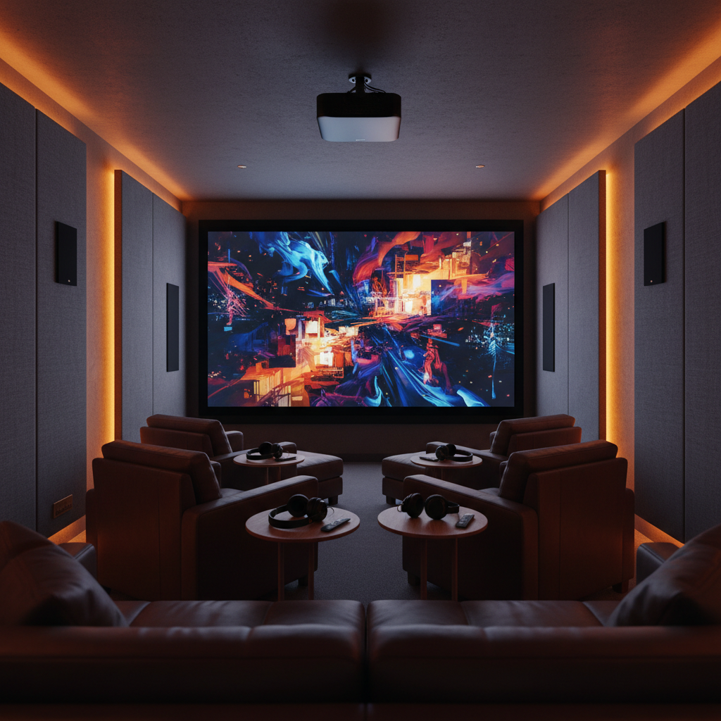 A refined private screening room curated by The Rooster, featuring a large wall-filling 4K projection of abstract, color-rich footage inspired by Barcelona nightlife and Spanish landscapes, with no recognizable faces. Low, plush leather seating is arranged in an intimate semicircle, each spot equipped with a small side table holding a sleek remote and noise-cancelling headphones. Discreet in-wall speakers and a compact, high-end projector hint at meticulous audiovisual design. Ambient cove lighting in warm tones gently washes textured acoustic panels. Shot in photographic realism from the rear of the room at eye level, with a shallow depth of field that favors the seating and glowing screen. The mood is exclusive, cocooned, and quietly luxurious, suggesting bespoke experiences tailored by a sophisticated concierge.