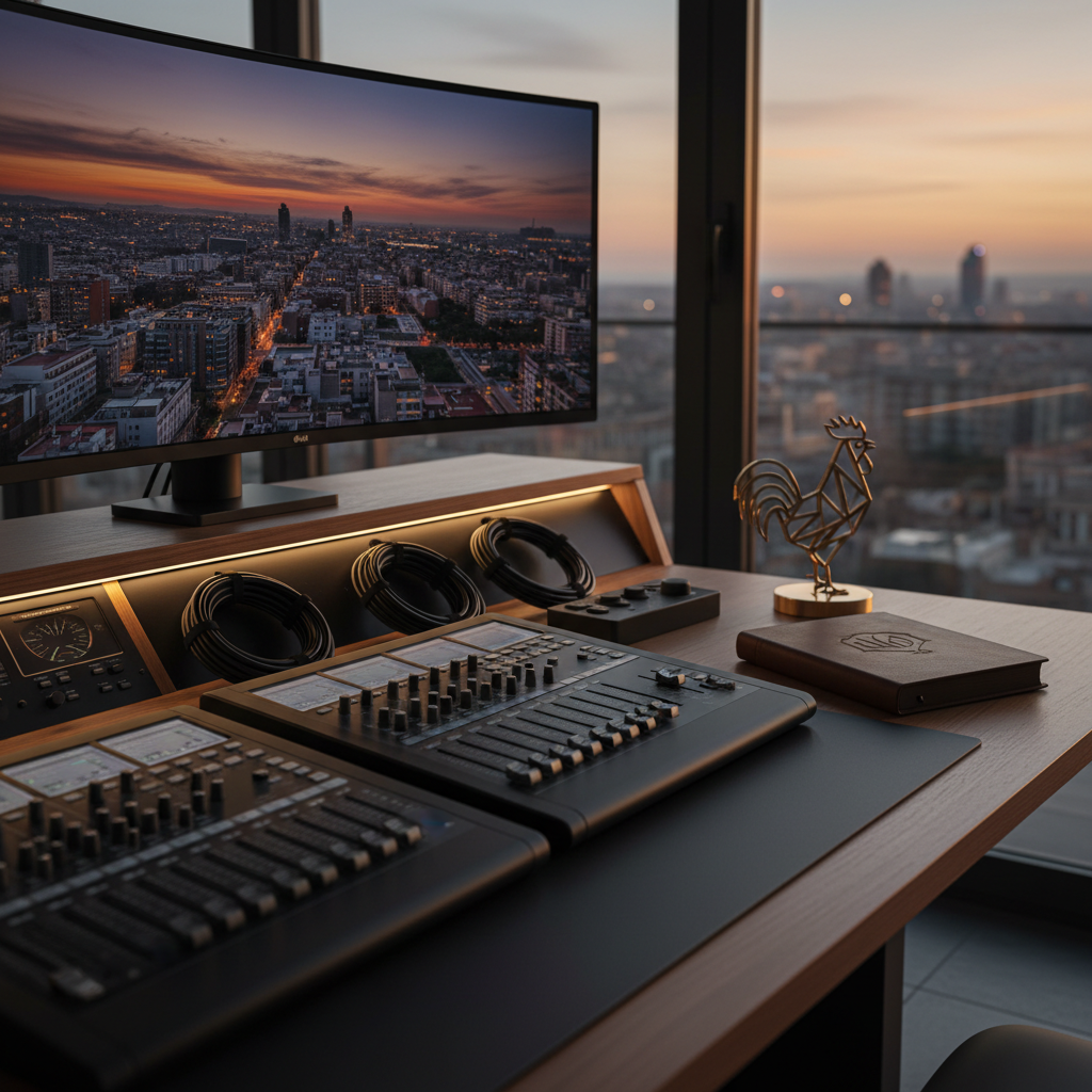 A meticulously organized audiovisual control desk representing The Rooster, with sleek matte-black mixing consoles, a large ultra-wide monitor displaying a Barcelona skyline at dusk, and neatly coiled XLR and HDMI cables. On the desk, a discrete brass rooster emblem stands beside a leather-bound production notebook labeled only by an embossed monogram, avoiding readable text. The space is set in a high-floor modern loft overlooking the city. Soft golden hour sunlight spills through floor-to-ceiling windows, combining with subtle warm LED accent lighting. Photographic realism, shot at eye level with a shallow depth of field, emphasizing the instruments of production and concierge planning. The mood is sophisticated, calm, and in total control, conveying seamless, bespoke service across Spain.