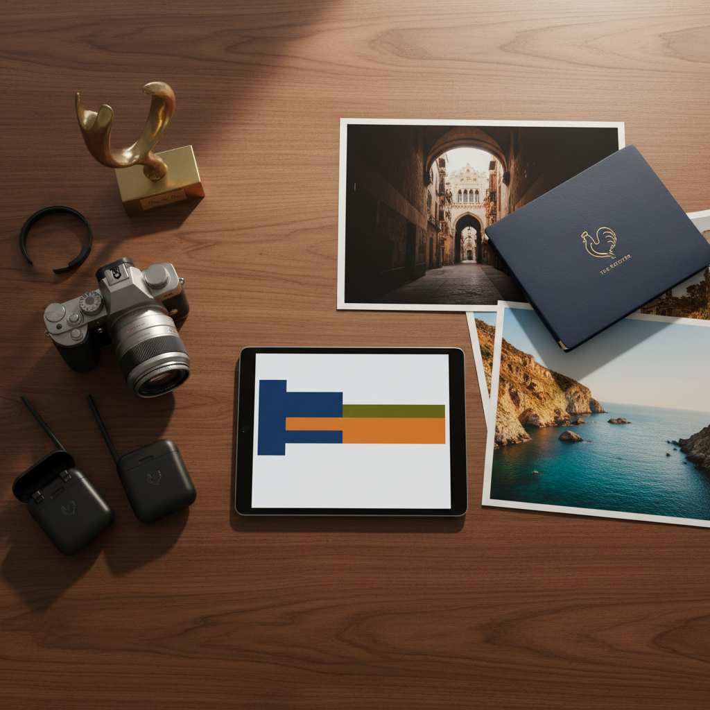A cinematic overhead view of a polished walnut planning table dedicated to a high-end production and lifestyle itinerary across Spain, curated by The Rooster. On the table, a tablet displays a color-blocked, text-free timeline of shoot days, flanked by a mirrorless camera, wireless lavalier kits, location scouting photos of Barcelona’s Gothic Quarter and a sunlit Costa Brava cliff, and a slim folder embossed with a minimalist rooster icon. A small brass desk sculpture labeled subtly as “Marc Ros” on a non-readable nameplate honors the founder without legible text. Soft morning light streams in from the side, creating gentle shadows and a calm, focused mood. Photographic realism with top-down composition, emphasizing order, elegance, and seamless coordination.