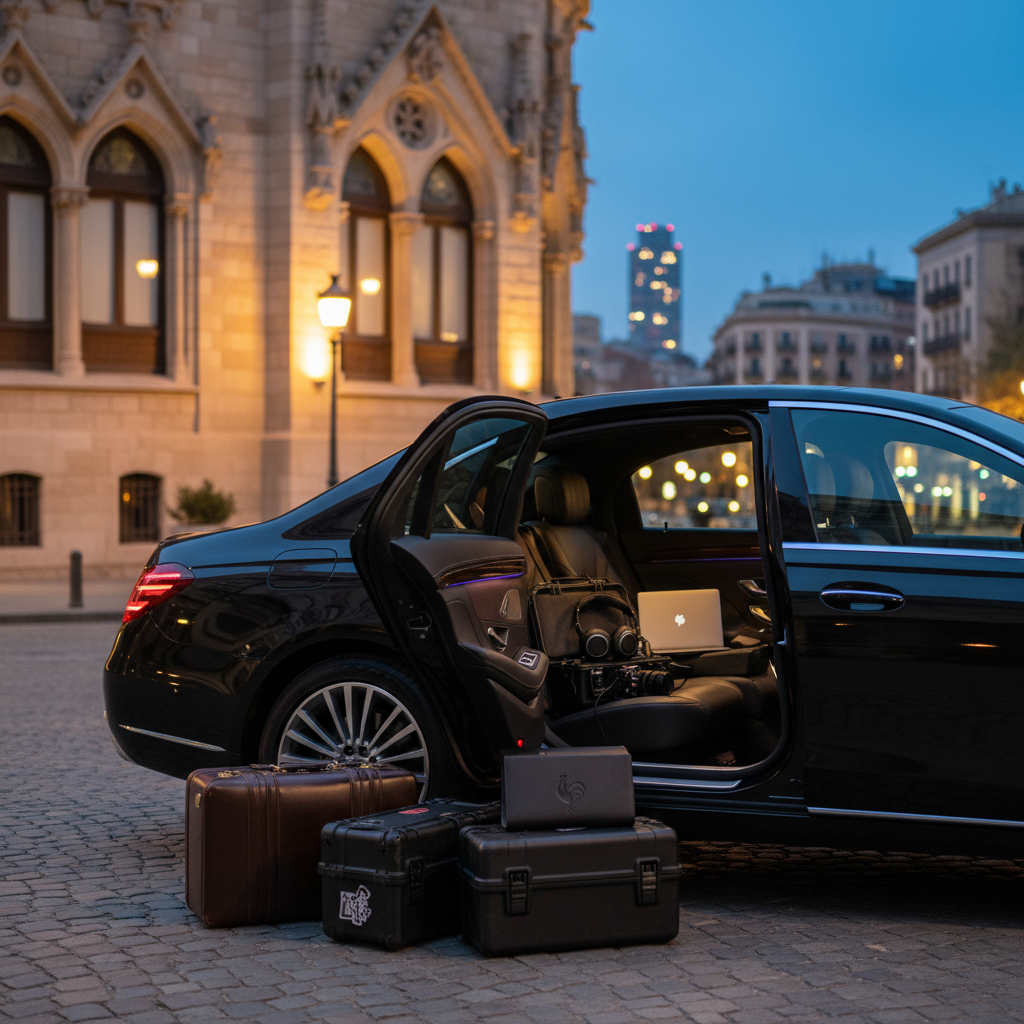 A luxurious black executive car parked discreetly outside a historic Barcelona venue, its rear door open to reveal a carefully arranged interior: high-end headphones, a compact cinema camera in a padded case, a slim laptop, and a minimalist folder with a debossed rooster icon instead of text. Nearby, refined luggage and labeled-but-unreadable flight cases suggest traveling audiovisual production. Warm streetlights and subtle uplighting on the stone façade create elegant pools of light, with the distant glow of the city. Photographic realism from a three-quarter low angle, with crisp focus on the equipment and soft bokeh on the surroundings. The mood is polished, anticipatory, and understatedly glamorous, evoking seamless concierge logistics across Spain.