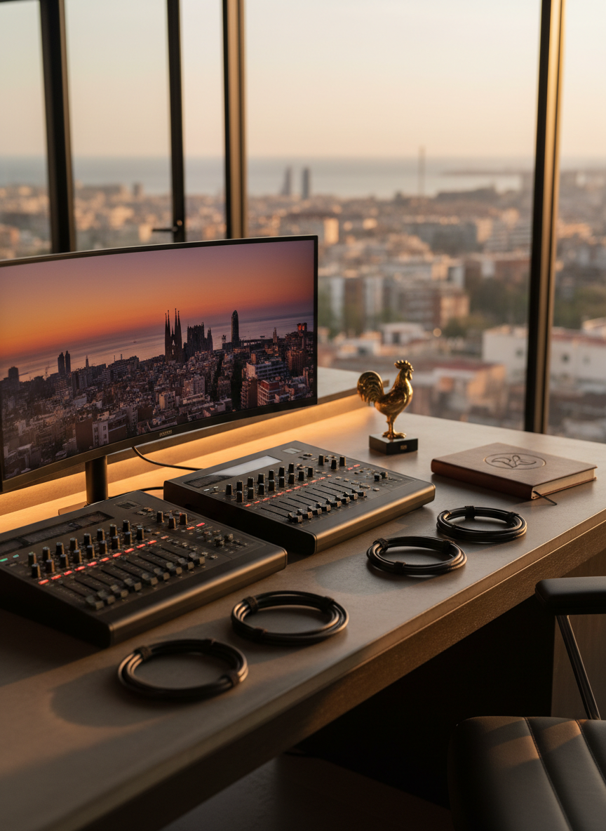 A meticulously organized audiovisual control desk representing The Rooster, with sleek matte-black mixing consoles, a large ultra-wide monitor displaying a Barcelona skyline at dusk, and neatly coiled XLR and HDMI cables. On the desk, a discrete brass rooster emblem stands beside a leather-bound production notebook labeled only by an embossed monogram, avoiding readable text. The space is set in a high-floor modern loft overlooking the city. Soft golden hour sunlight spills through floor-to-ceiling windows, combining with subtle warm LED accent lighting. Photographic realism, shot at eye level with a shallow depth of field, emphasizing the instruments of production and concierge planning. The mood is sophisticated, calm, and in total control, conveying seamless, bespoke service across Spain.